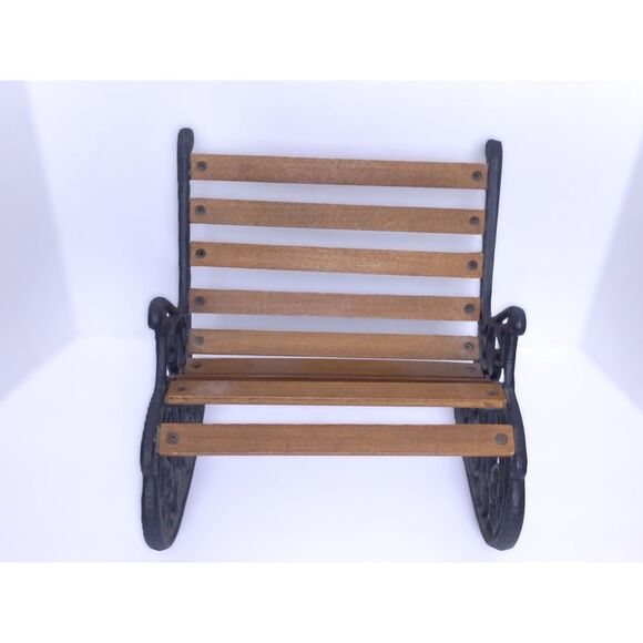 Vintage Cast Iron and Wood 10" Miniature Rocking Doll / Teddy Bear Bench - Picture 2 of 16